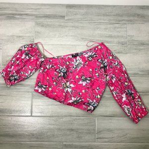 Topshop Pink Floral Asymmetrical Sleeve Crop Top